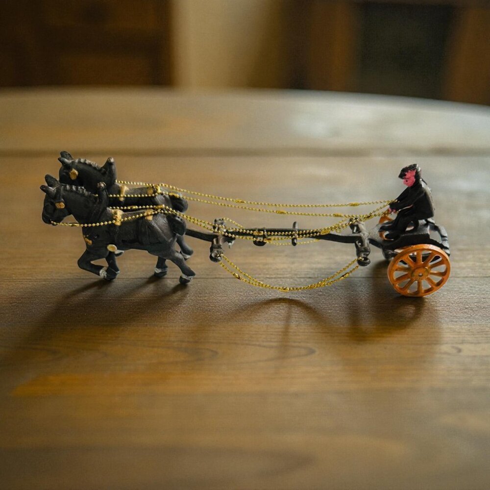Reproduction Cast Iron Horse Drawn Carriage Toy Black Horses & Driver Vintage